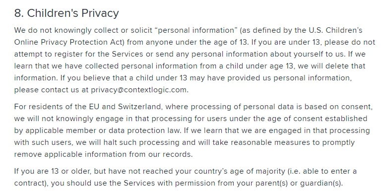 Wish app Privacy Policy: Childrens Privacy clause