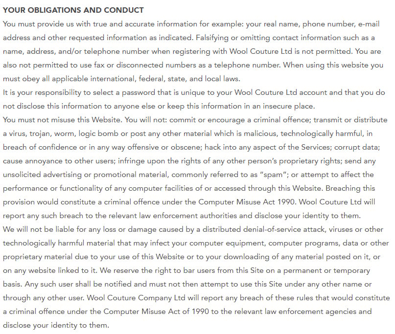 Wool Couture Terms and Conditions: Obligations and Conduct clause