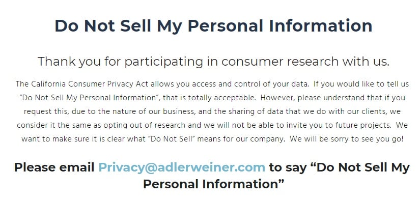 Adler Weiner: Screenshot of its Do Not Sell My Personal Information page