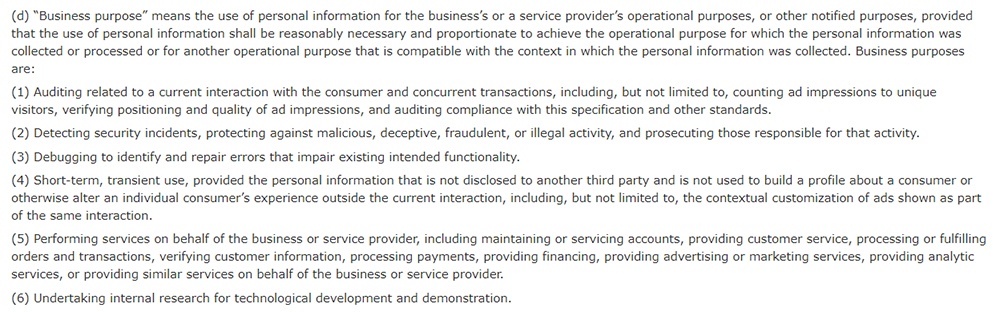 Excerpt of CCPA Section 1798 40 - Excerpt of definition of Business Purpose