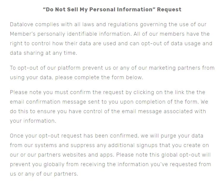 Datalove: Do Not Sell My Personal Information Request page