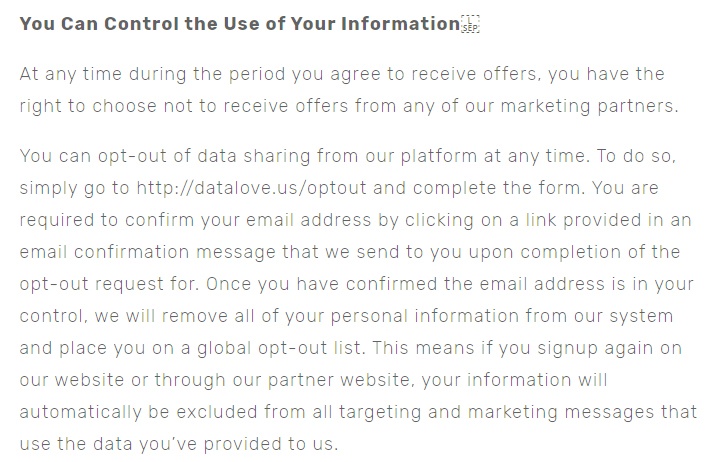 Datalove Privacy Policy: You Can Control the Use of Your Information - opt-out clause