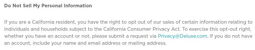 Deluxe Privacy Notice: California-Specific Addendum - Do Not Sell My Personal Information clause