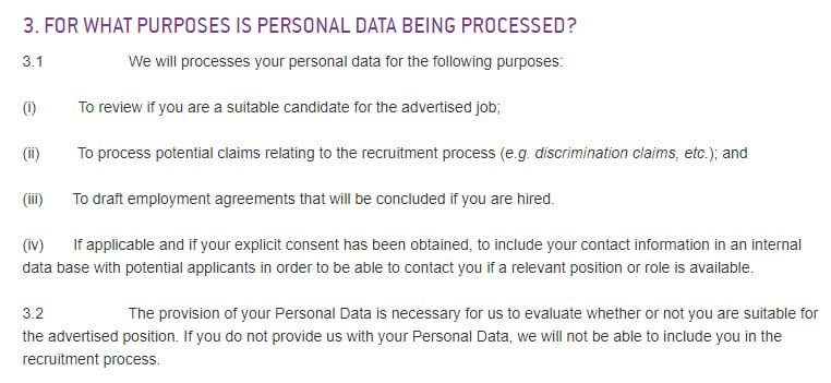 Diaverum Privacy Notice to Job Applicants: For What Purposes is Personal Data Being Processed clause