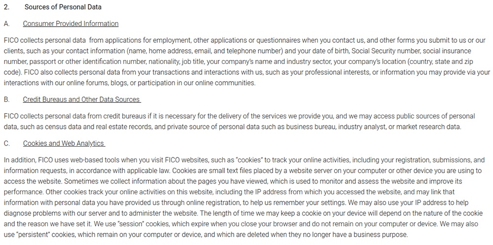 Fico Privacy Policy: Excerpt of Sources of Personal Data clause