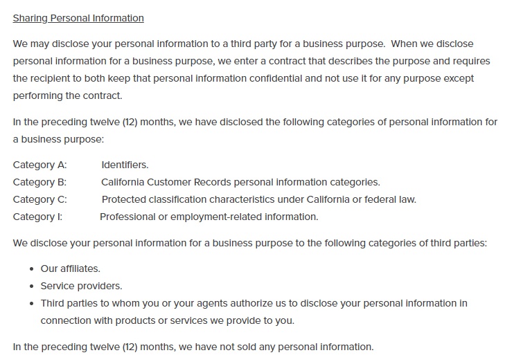 Horne LLP CCPA Privacy Notice: Sharing Personal Information clause