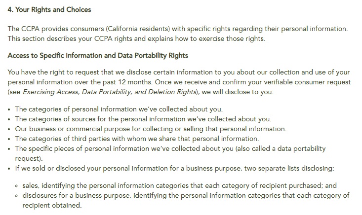 Hotel Cerro Privacy Notice for California Residents: Your Rights and Choices clause - Access to Specific Information and Data Portability Rights section