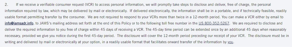 JAMS Privacy Policy: Compliance with the CCPA - Request response section