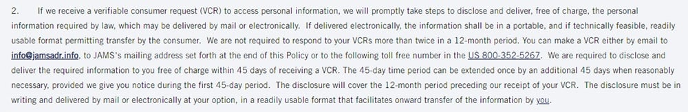 JAMS Privacy Policy: Compliance with the CCPA - Request response section