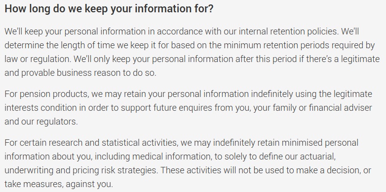 Legal and General Privacy Policy: Data retention clause