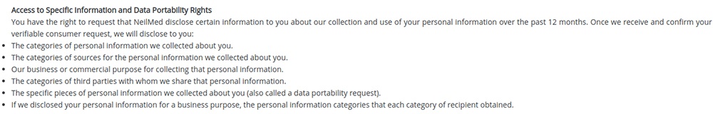 NeilMed CCPA Privacy Notice: Access to Specific Information and Data Portability Rights clause