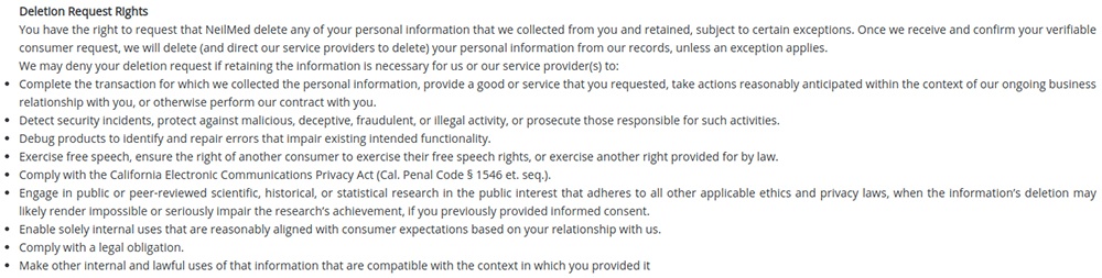 NeilMed CCPA Privacy Notice: Deletion Request Rights clause