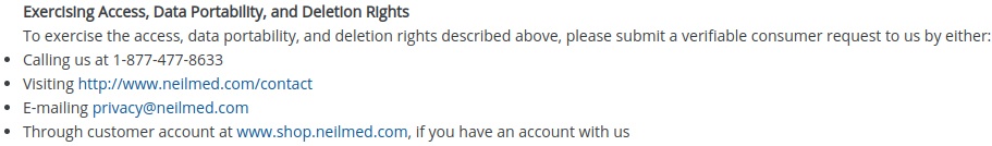 NeilMed CCPA Privacy Notice: Exercising Access, Data Portability and Deletion Rights clause