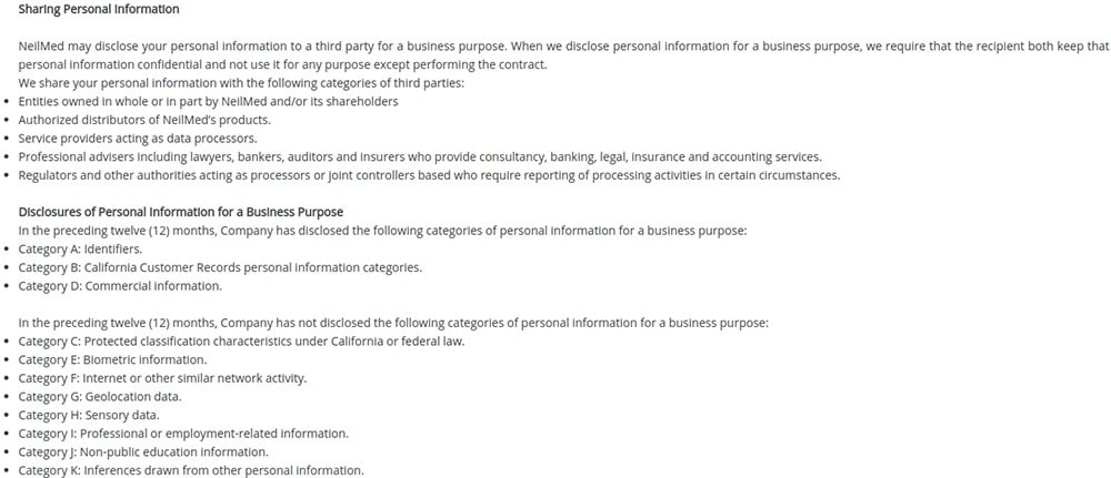 NeilMed CCPA Privacy Notice: Excerpt Sharing Personal Information clause