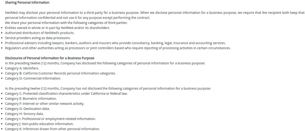 NeilMed CCPA Privacy Notice: Excerpt Sharing Personal Information clause