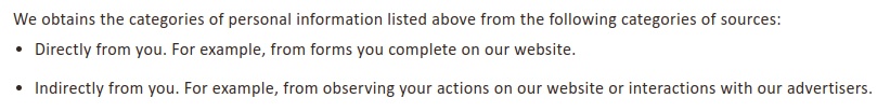 NVA Privacy Notice for California Residents: Information We Collect clause - Categories of Sources excerpt