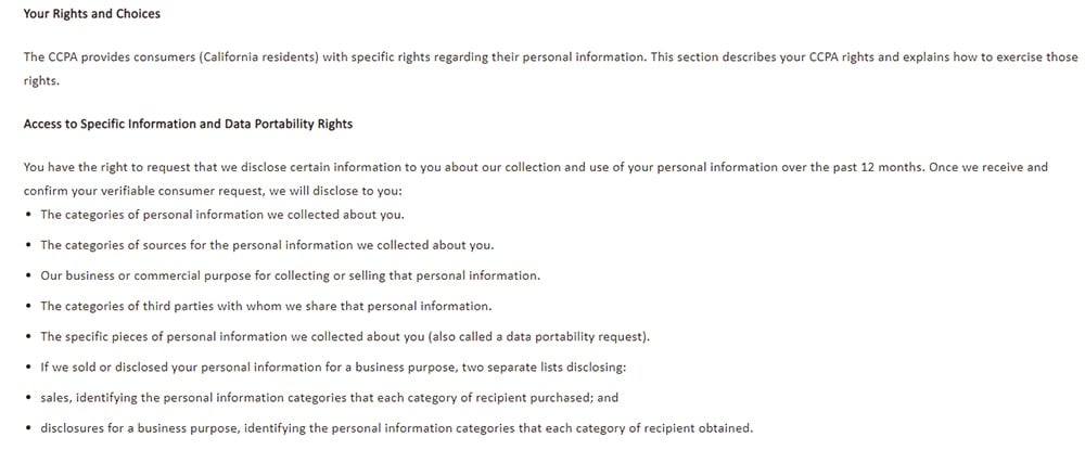 NVA Privacy Notice for California Residents: Your Rights and Choices - Access to Specific Information and Data Portability Rights clause