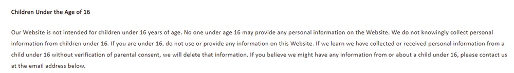 NVA Privacy Policy: Children Under the Age of 16 clause