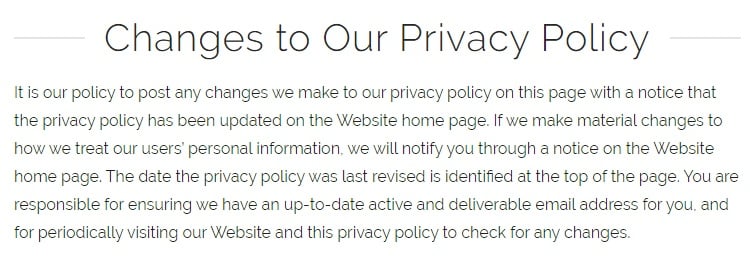 PetSuites of America Privacy Policy: Changes to Our Privacy Policy clause