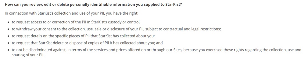 StarKist Privacy Policy: Excerpt of How to review, edit or delete PII clause