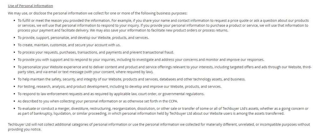 Techbuyer CCPA Privacy Notice: Use of Personal Information clause