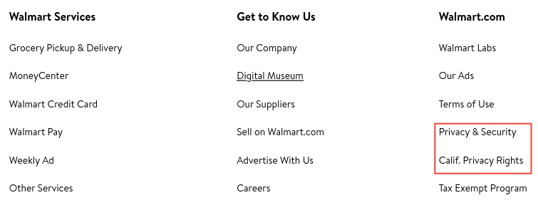 Walmart website footer links: Privacy and Security and California Privacy Rights links highlighted