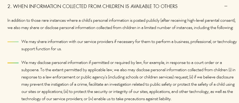 Walt Disney Company Children&#039;s Online Privacy Policy: Sharing of children&#039;s information clause