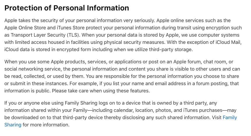 Apple Privacy Policy: Protection of Personal Information clause