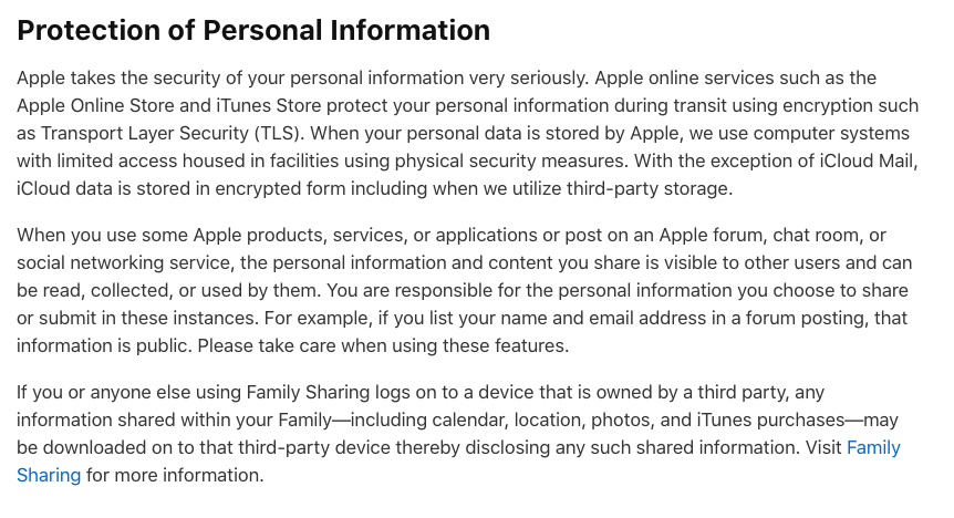 Apple Privacy Policy: Protection of Personal Information clause