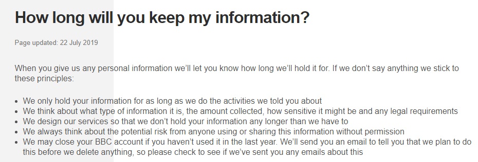 BBC Privacy Policy: Data retention clause
