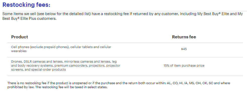 Best Buy Returns and Exchanges Policy: Restocking fees section