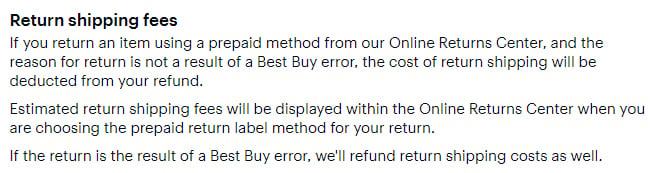 Best Buy Returns and Exchanges Policy: Return shipping fees section