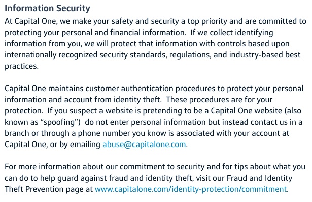 Capital One Privacy Statement: Information Security clause