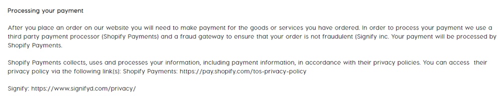 ColourPop Privacy Policy: Processing your payment clause