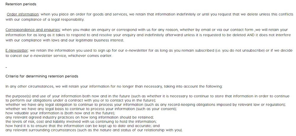 ColourPop Privacy Policy: Retention Periods and Criteria for Determining Retention Periods clauses