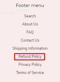 Fran&#039;s Cake and Candy website footer links with Refund Policy link highlighted