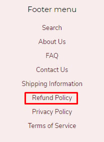 Fran&#039;s Cake and Candy website footer links with Refund Policy link highlighted