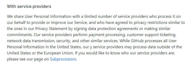 GitHub Privacy Statement: Service Providers - Subprocessors clause