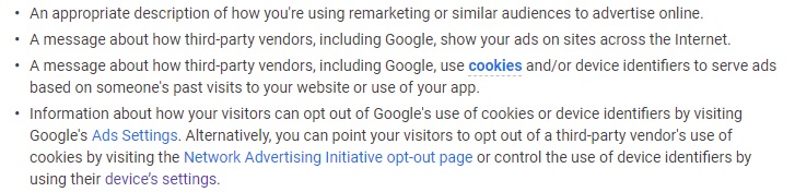 Google Ads Help Center - Manage Ads: Remarketing Privacy Policy requirements list
