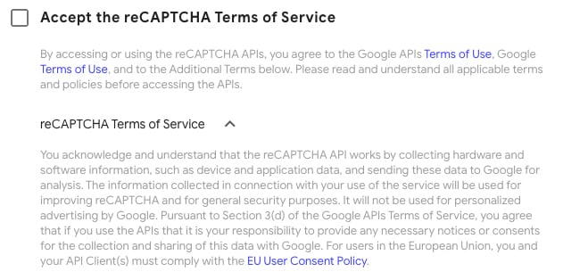 Google reCAPTCHA: Accept the reCAPTCHA Terms of Service checkbox