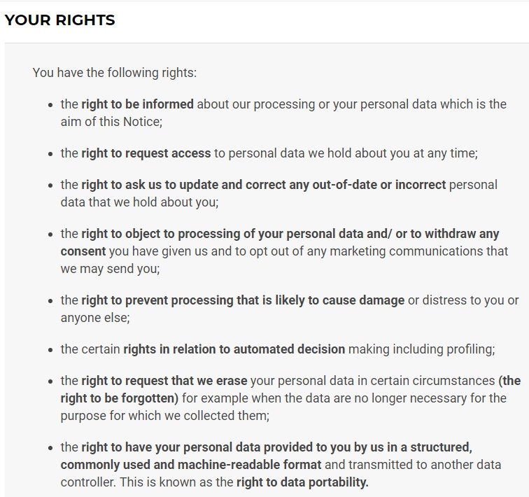 Gymshark Privacy Notice: User rights clause