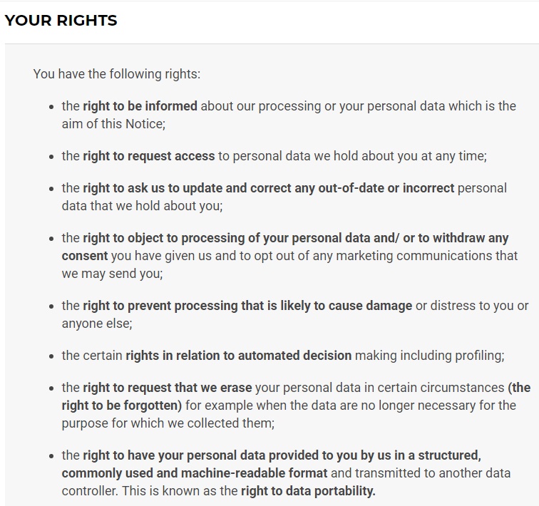 Gymshark Privacy Notice: User rights clause