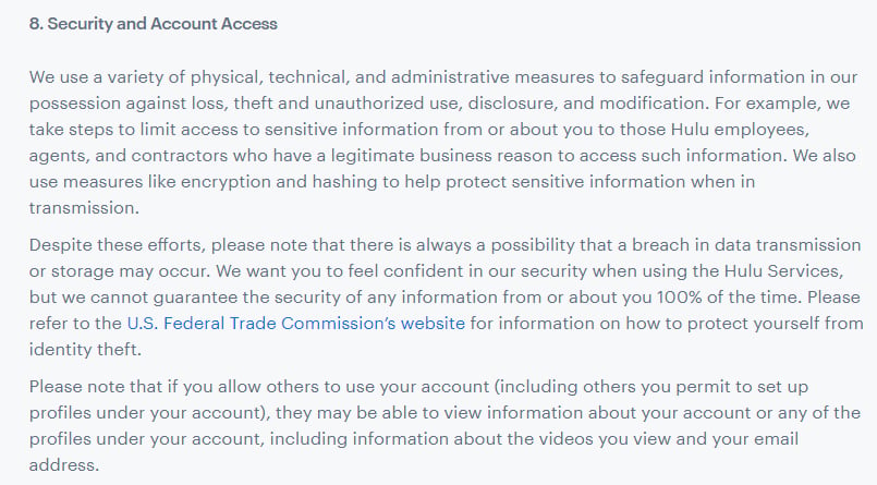 Hulu Privacy Policy: Security and Account Access clause