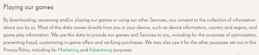 King Privacy Policy: Playing our games clause