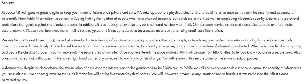 Rebecca Minkoff Privacy Policy: Security clause