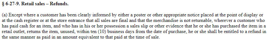 Rhode Island Commercial Law General Regulatory Provisions: Section 6-27-9: Retail Sales - Refunds