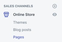 Shopify dashboard: Sales Channels menu showing Pages