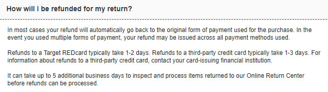 Target Return Policy: How will I be refunded for my return clause - Method and time
