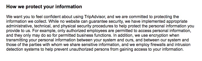 TripAdvisor Privacy Policy: How we protect your information clause