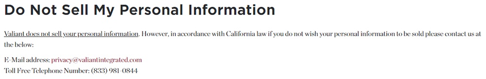 Valiant: Do Not Sell My Personal Information page